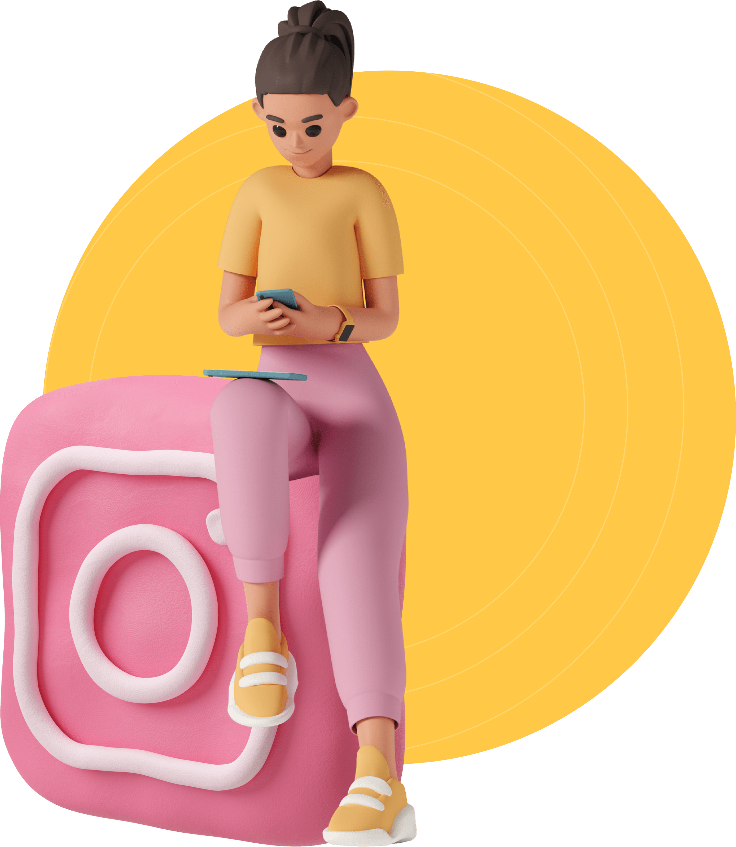 A woman sitting on the instagram logo and using her phone